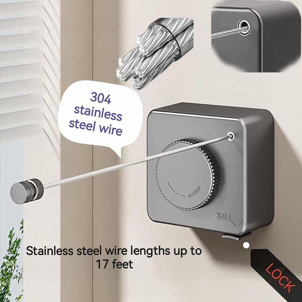 Retractable Clothesline, Wall Mounted, Stainless Steel, 17 Ft Indoor Outdoor (Black)