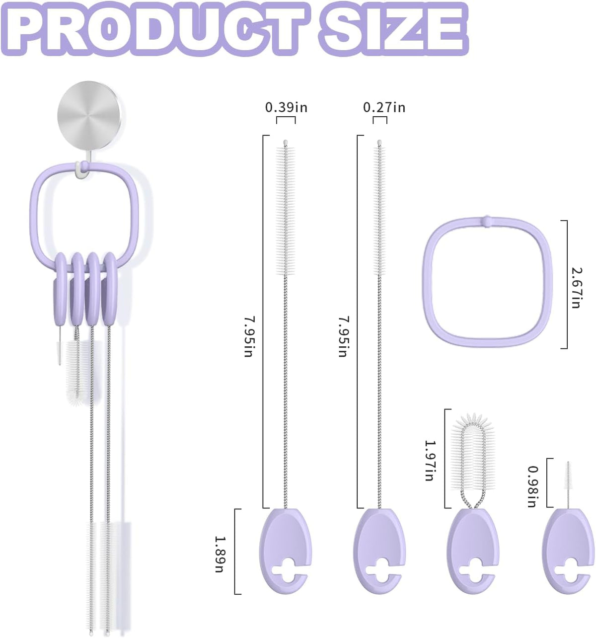 YOTIME Standing Straw Cleaner Brush Set, 4in1 Reusable Straw Brushes with Holder Ring, for Wide and