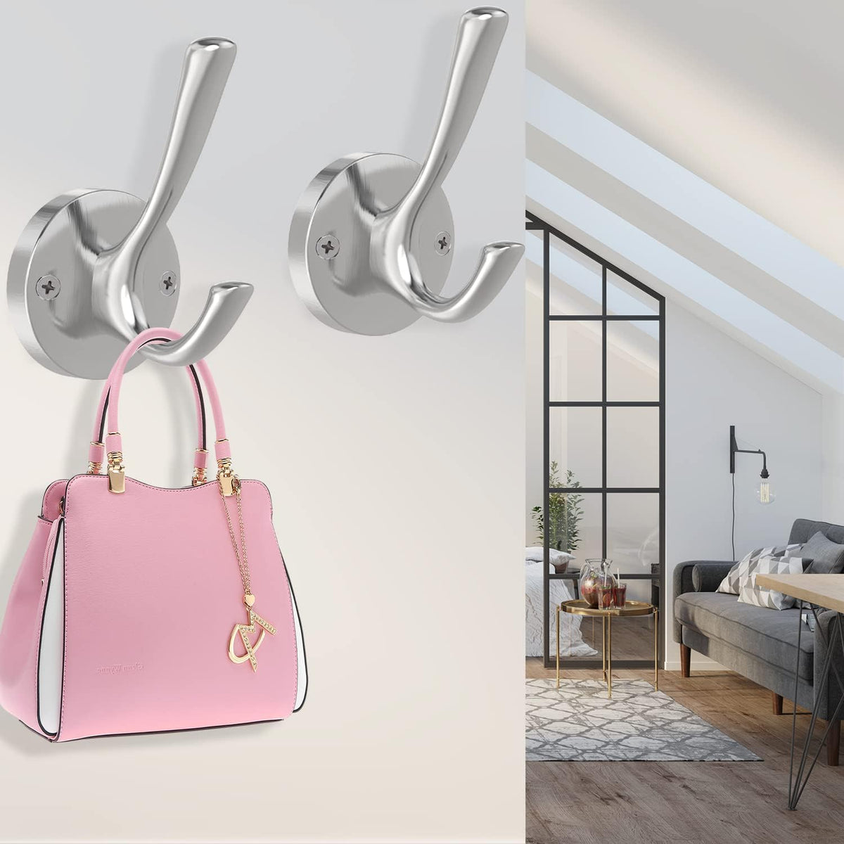 Brushed Nickel Wall Hooks, 6 Pack Coat Robe Hook Heavy Duty Metal Double Bath Hook Wall Mounted