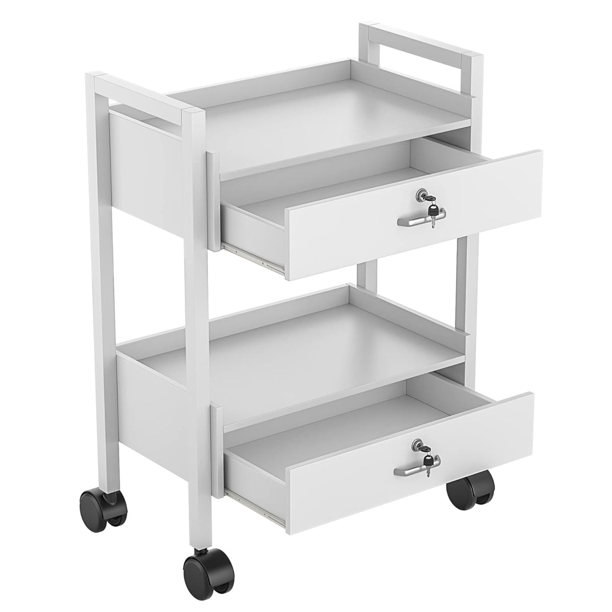 Paddie Salon Trolley Cart, Salon Tray Wooden Mobile Utility Cabinet with 2 Lockable Drawers