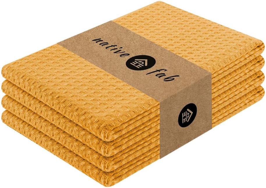 Native Fab Cotton Kitchen Towel with Hanging Loop 16x26 inches, 4-Pack, Waffle Weave Kitchen Towels