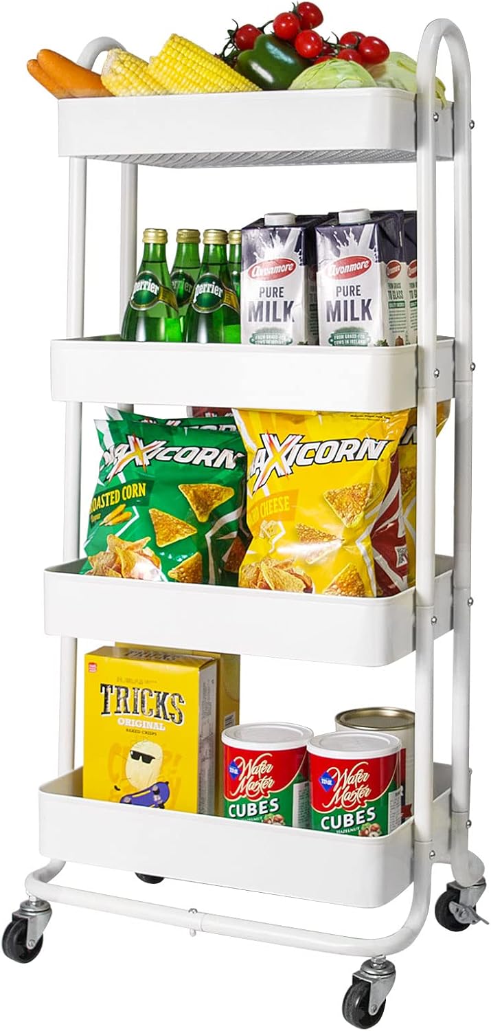 elabo 4-Tier Metal Mesh Utility Rolling Cart, Storage Organizer Trolley Services Cart with Lockable