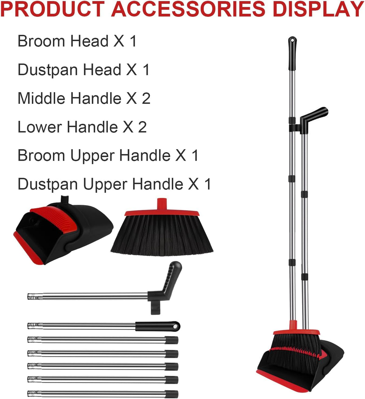Broom and Dustpan Set for Household, Red Broom with Dustpan Combo Set, 51" Long Handle Dust pan Set