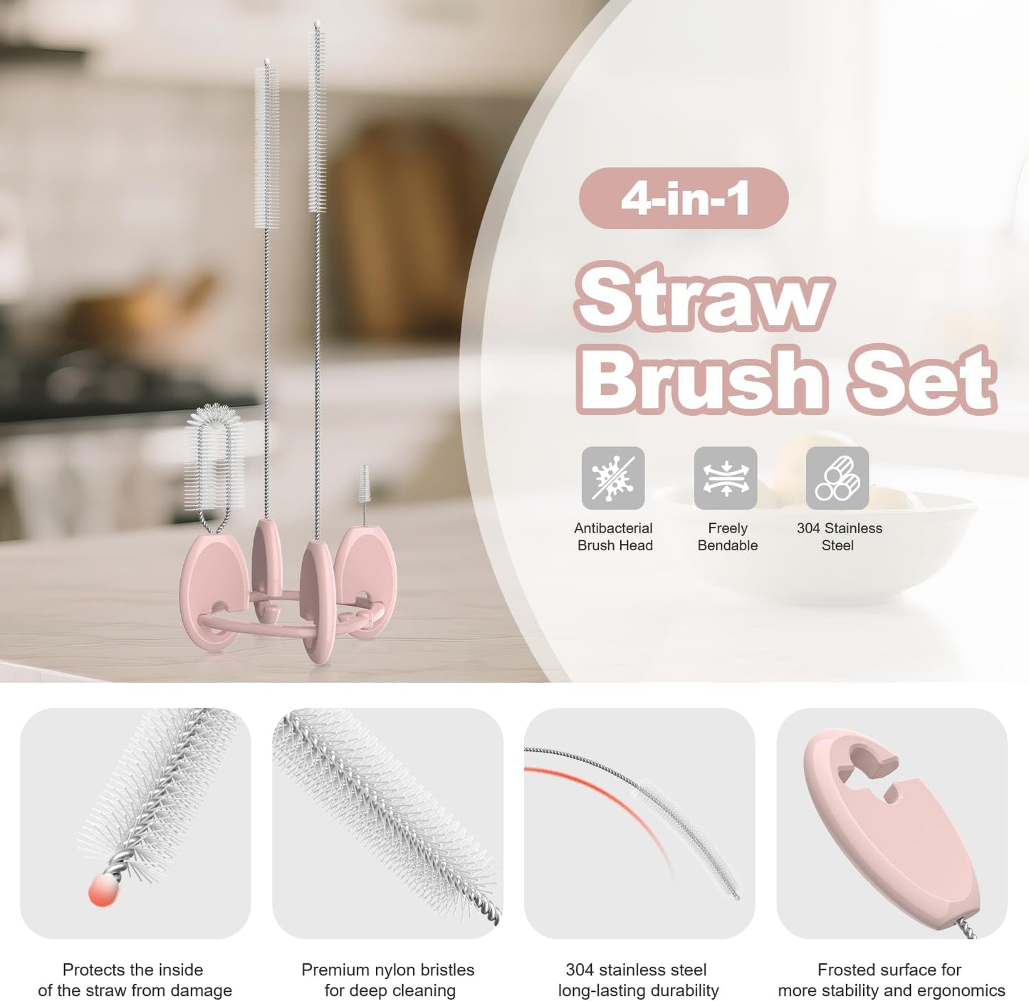 YOTIME Standing Straw Cleaner Brush Set, 4in1 Reusable Straw Brushes with Holder Ring, for Wide and