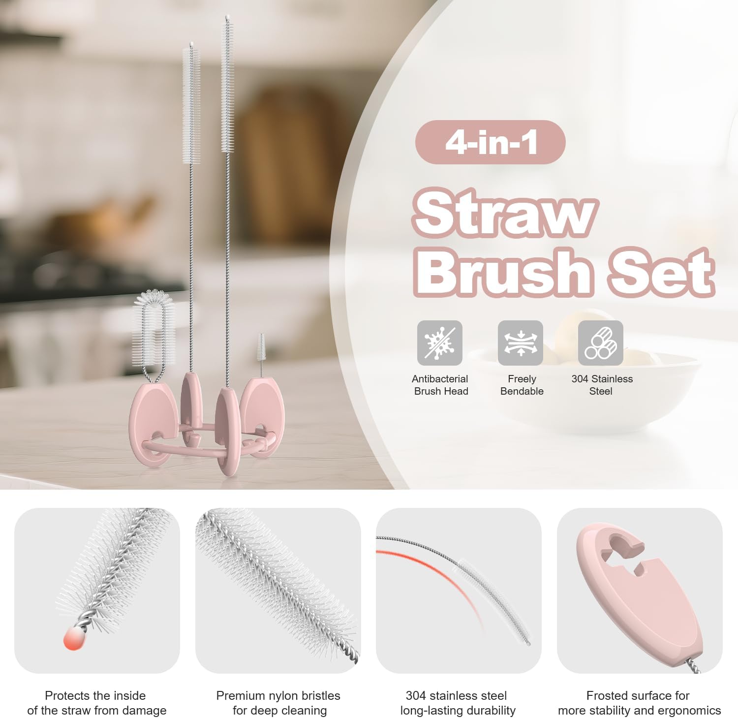 YOTIME Standing Straw Cleaner Brush Set, 4in1 Reusable Straw Brushes with Holder Ring, for Wide and