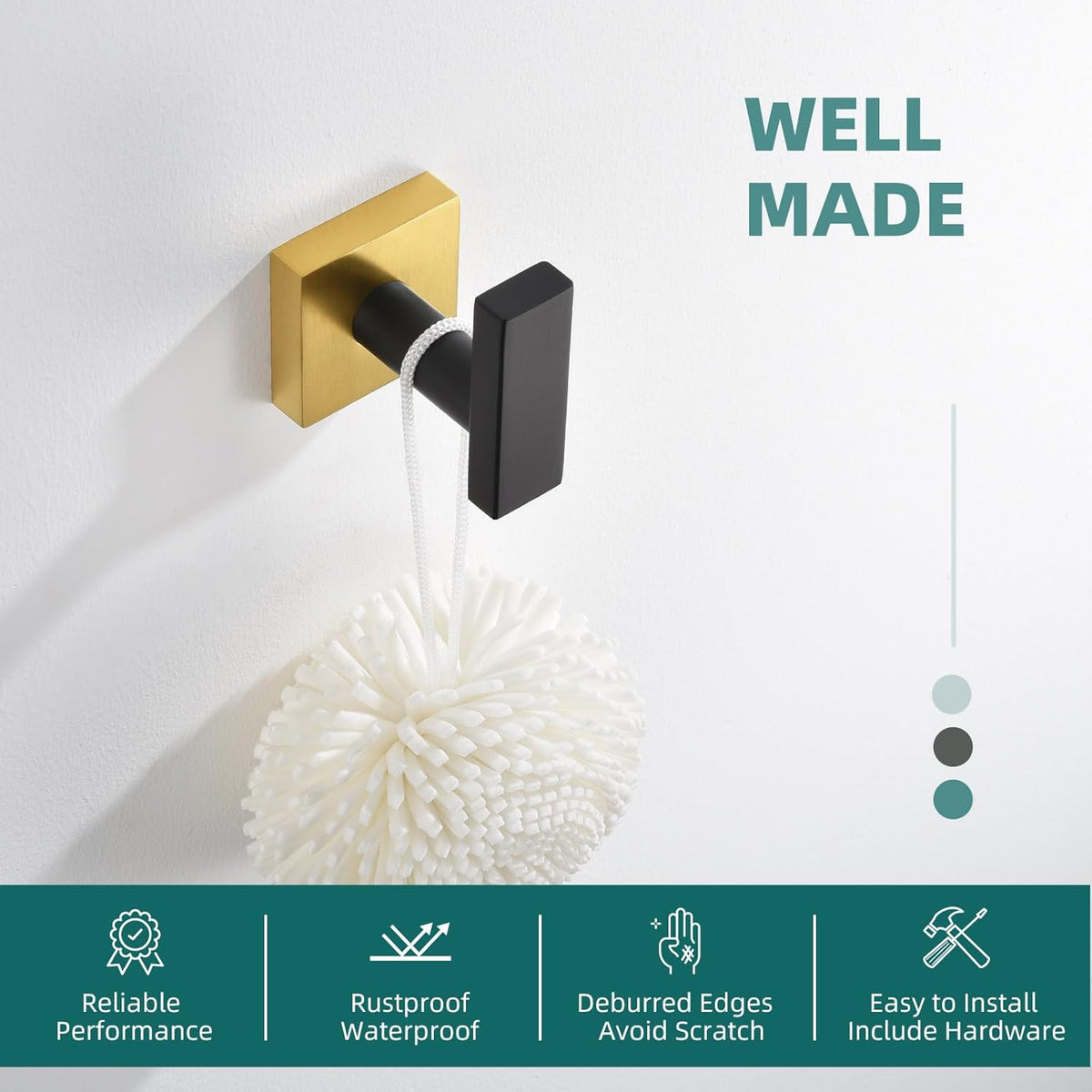 Angle Simple Towel Hook Black & Gold, Stainless Steel Bathroom Towel Holder, Robe Hook, Kitchen