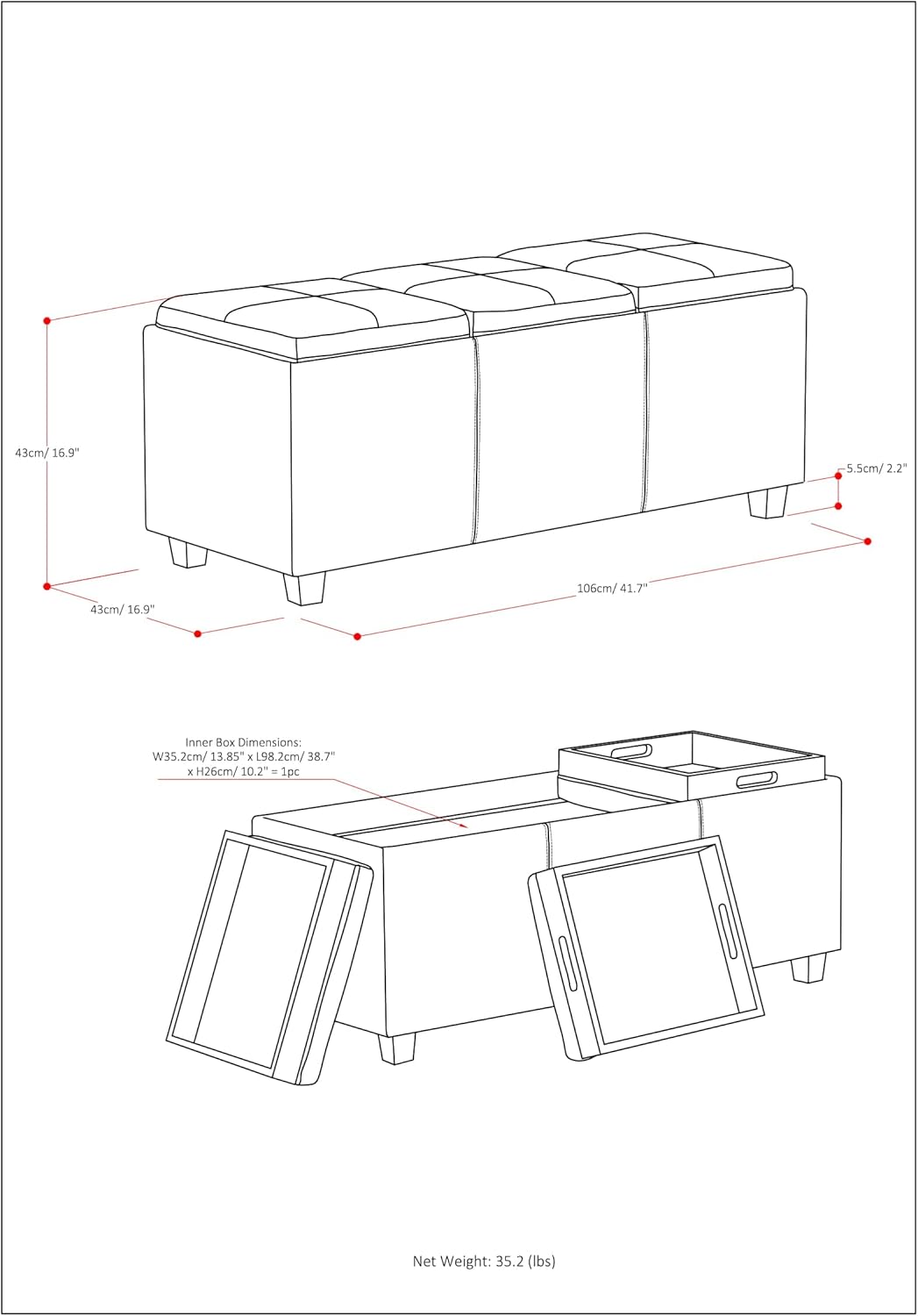 SIMPLIHOME Avalon 42 inch Wide Contemporary Rectangle Storage Ottoman in Stone Grey Vegan Faux