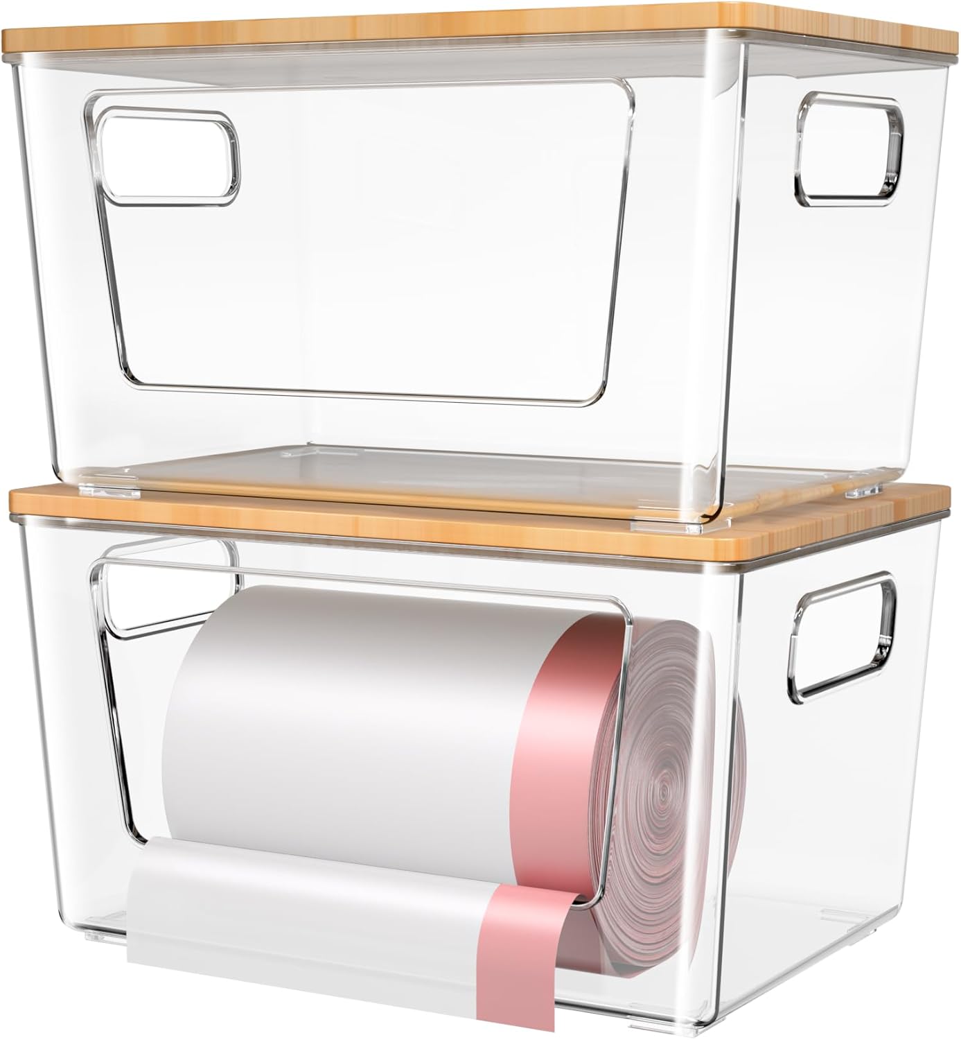 2 Pack Trash Bag Holder with Bamboo Lid, Stackable Trashbag Dispenser, Extra Large Garbage Bag