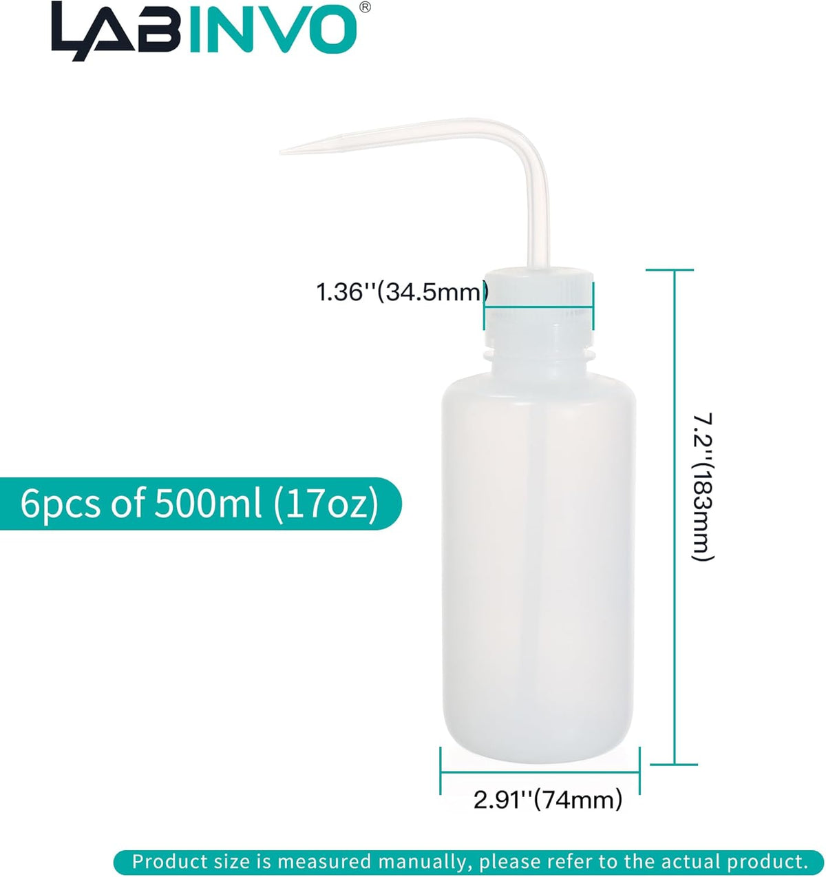 6pcs of Economy Wash Bottles, Vol.500ml (17oz), Narrow-Mouth, Self-Venting Safety Wash Bottles
