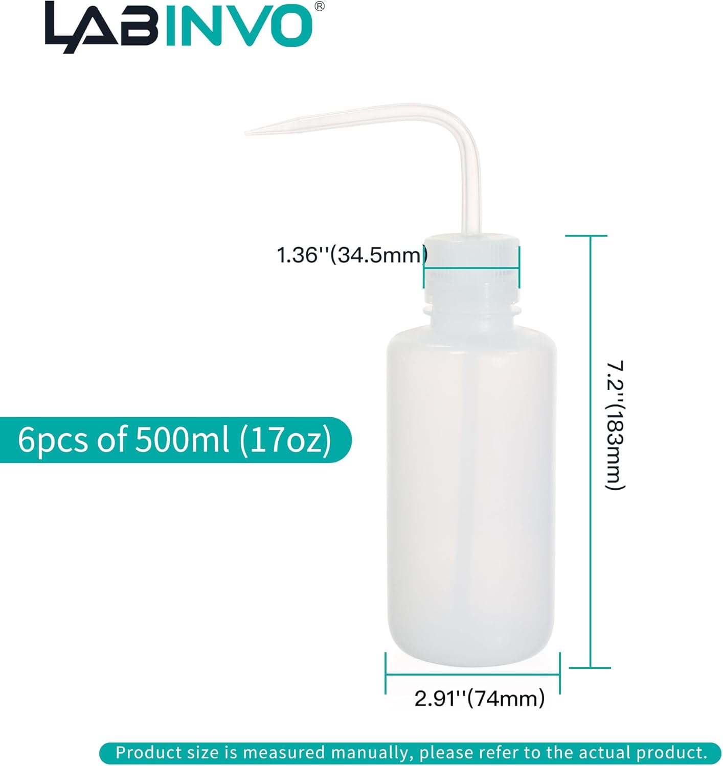 6pcs of Economy Wash Bottles, Vol.500ml (17oz), Narrow-Mouth, Self-Venting Safety Wash Bottles