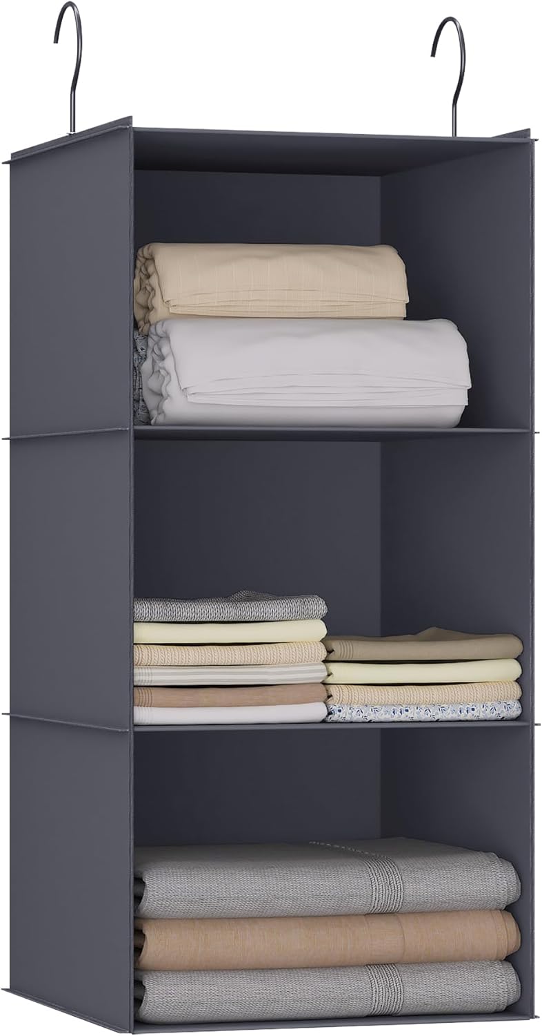 Hanging Closet Organizer and Storage 3-Shelf, Easy Mount Foldable Hanging Closet Wardrobe Storage