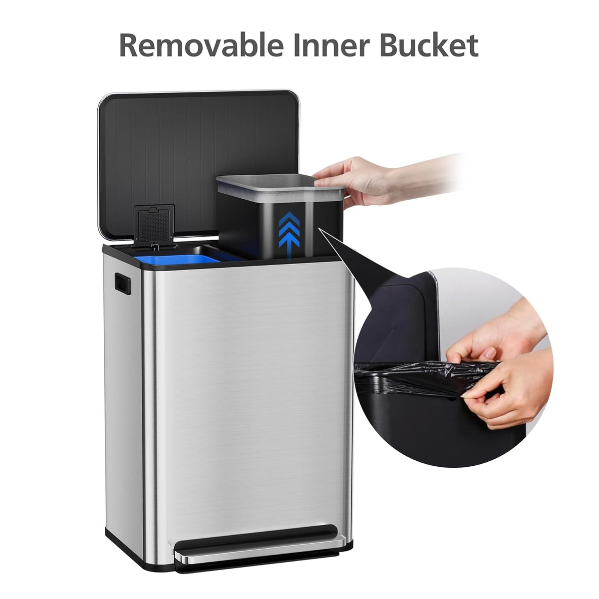 GarveeHome 60L/16 Gal Kitchen Trash Can,2×8 Gal Pedal Trash Bin with Removable Baskets,Stainless