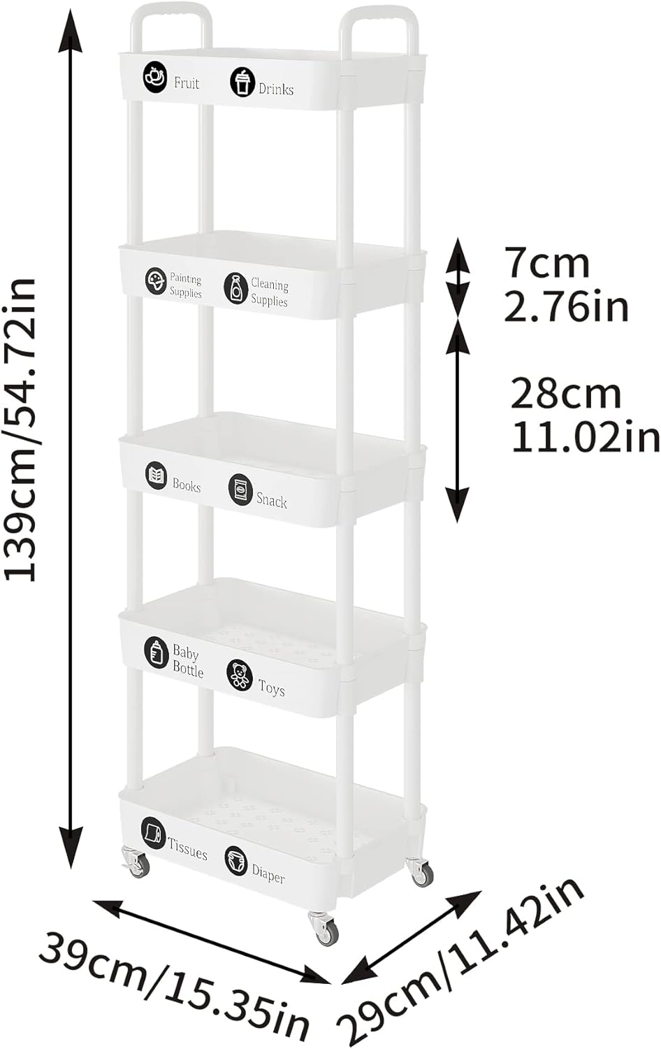 Laiensia 5-Tier Rolling Cart with Wheels,Multifunction Utility Storage carts, Kitchen Storage