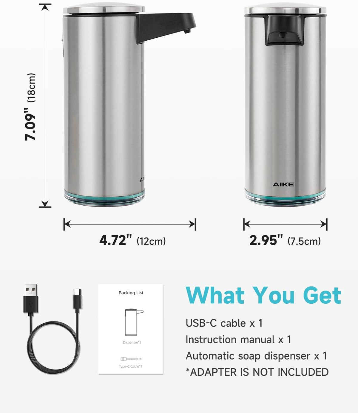 AIKE SensePro Automatic Soap Dispenser Type-C Rechargeable, Brushed Stainless Steel Finish 12.8