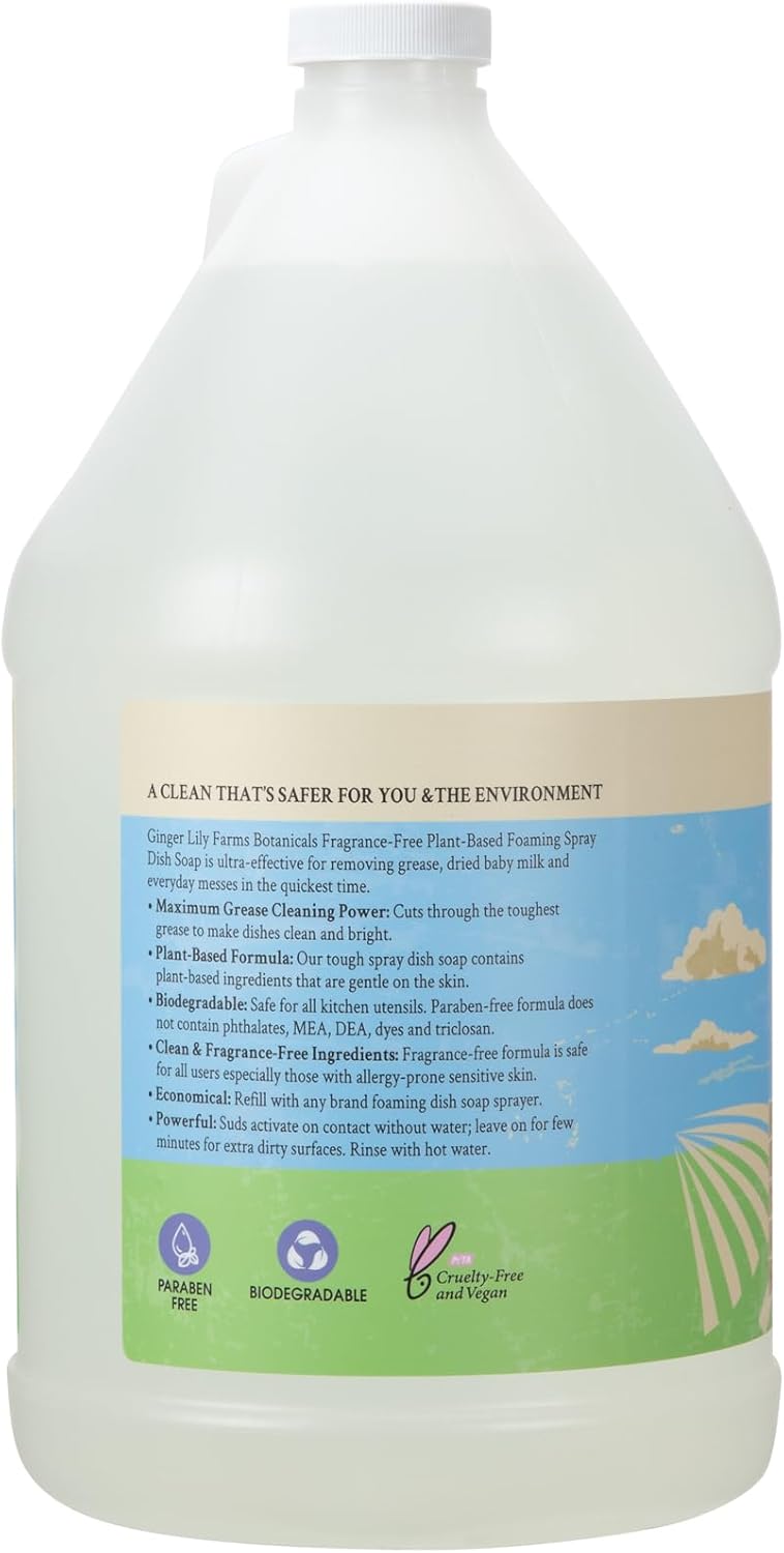 Ginger Lily Farms Botanicals Plant-Based Foaming Spray Dish Soap, Concentrated Formula with Max