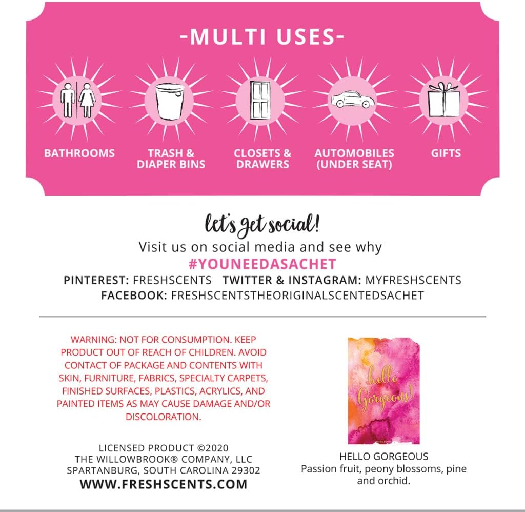 WillowBrook | Fresh Scents Scented Sachet Packet | Hello Gorgeous | Air Freshener Bags for Drawers