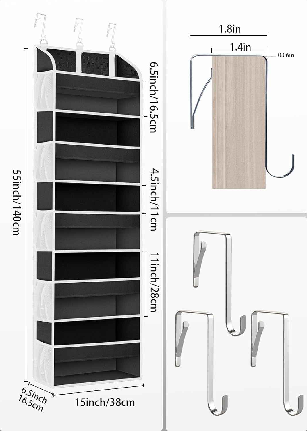 2 Pack Over The Door Storage Organizer with 5 Pockets 10 Mesh Side Pockets, 44 lbs Weight Capacity