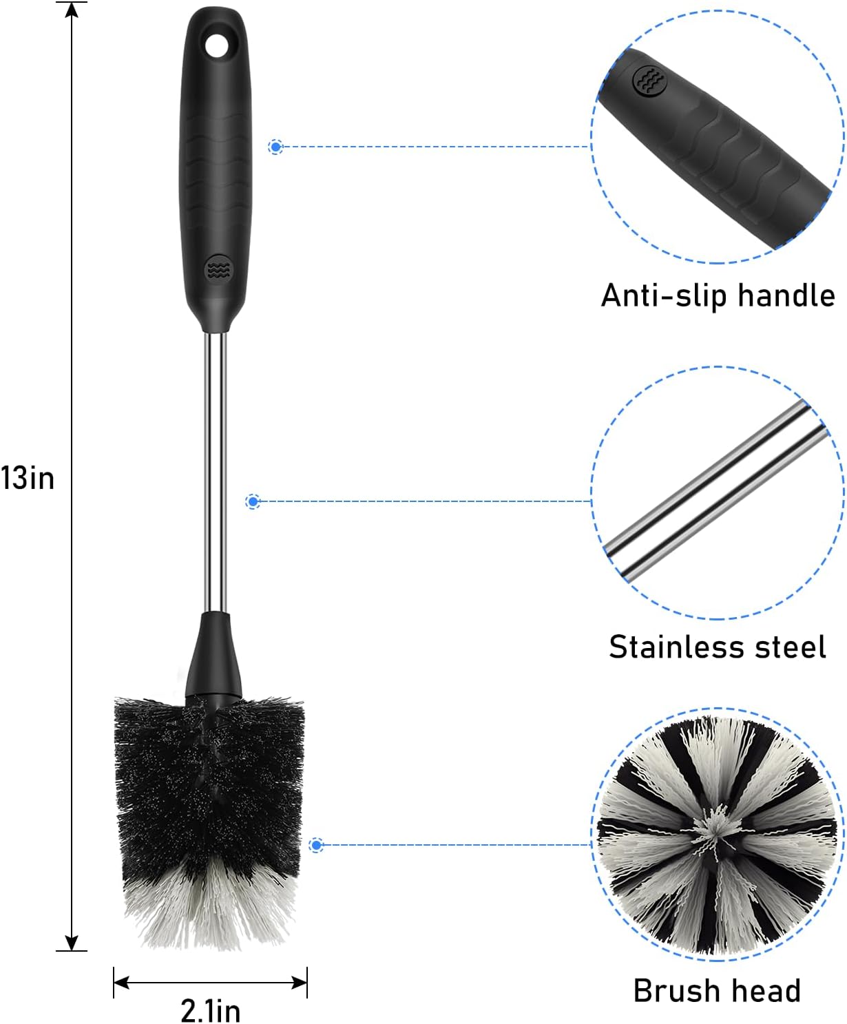 SetSail Bottle Brush of 3 Pack, 13-in Long Stainless Steel Handle Water Bottle Cleaner Brush