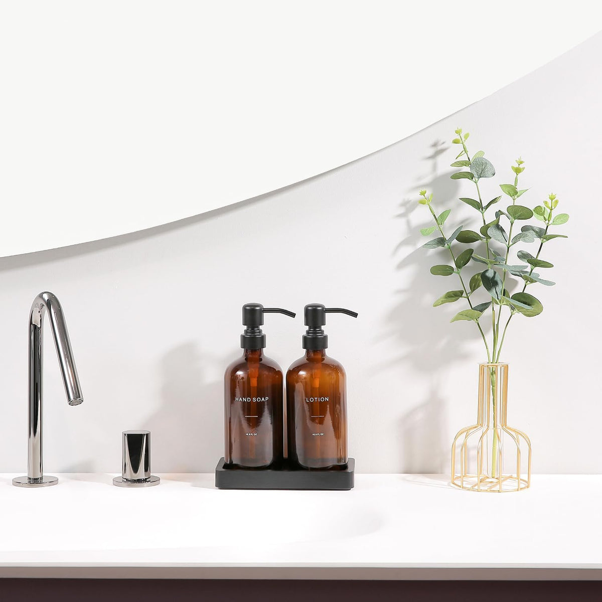 Amber Glass Soap Dispenser Set, Hand Soap and Lotion Set with Black Stainless Steel Pump, Perfect