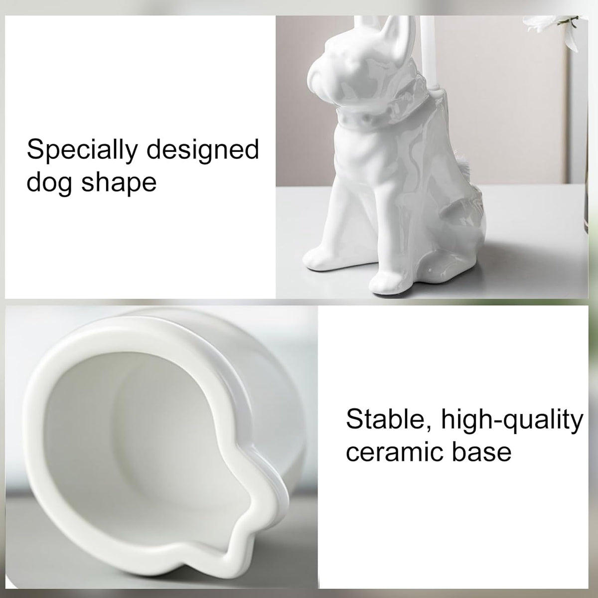 Comeon Ceramic Dog White/Black Toilet Brush and Holder Set, Plastic Handled Scrub Brush for