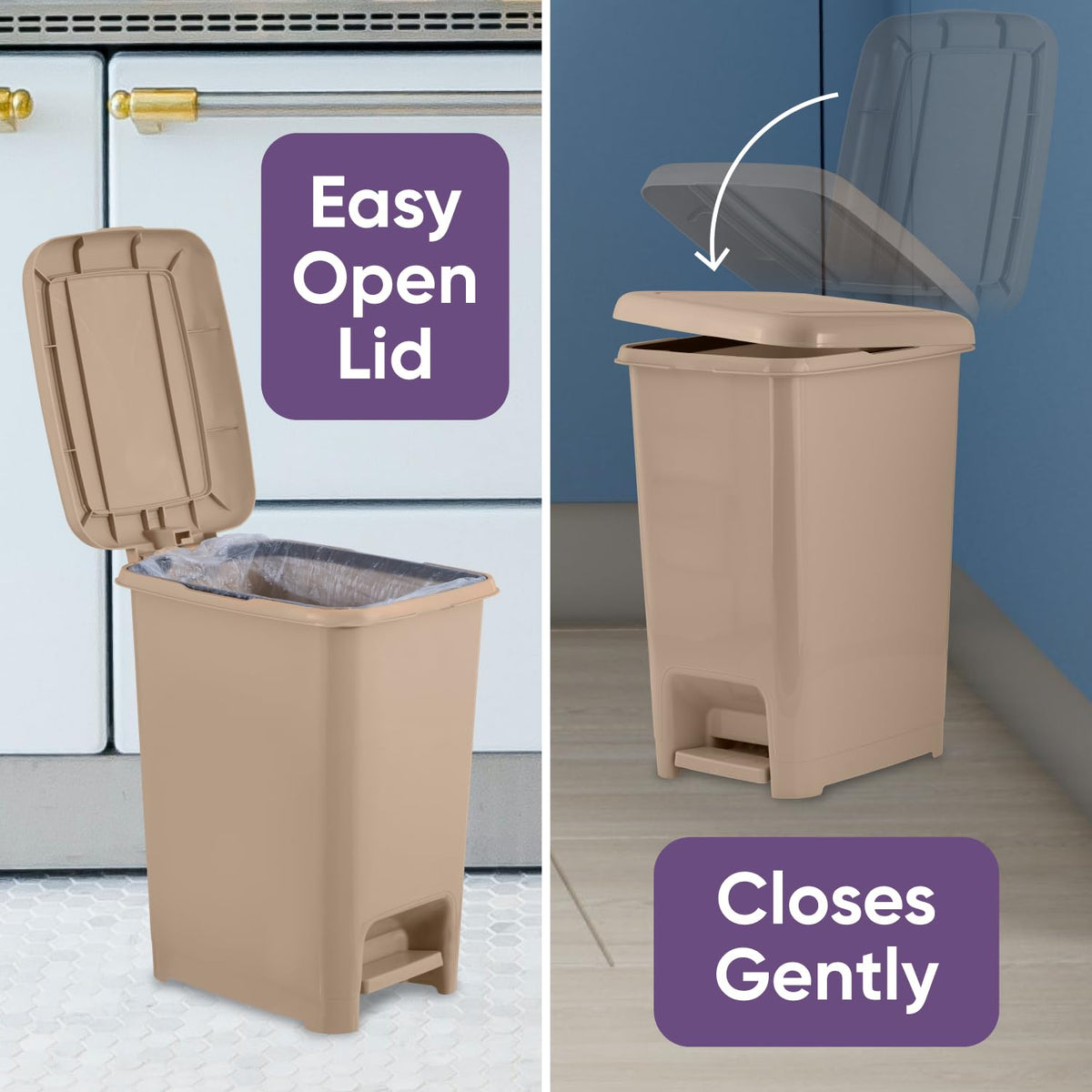 Superio Slim Step On Trash Can, Beige Waste Bin with Foot Pedal Lid 26 Liter, Kitchen, Under Desk