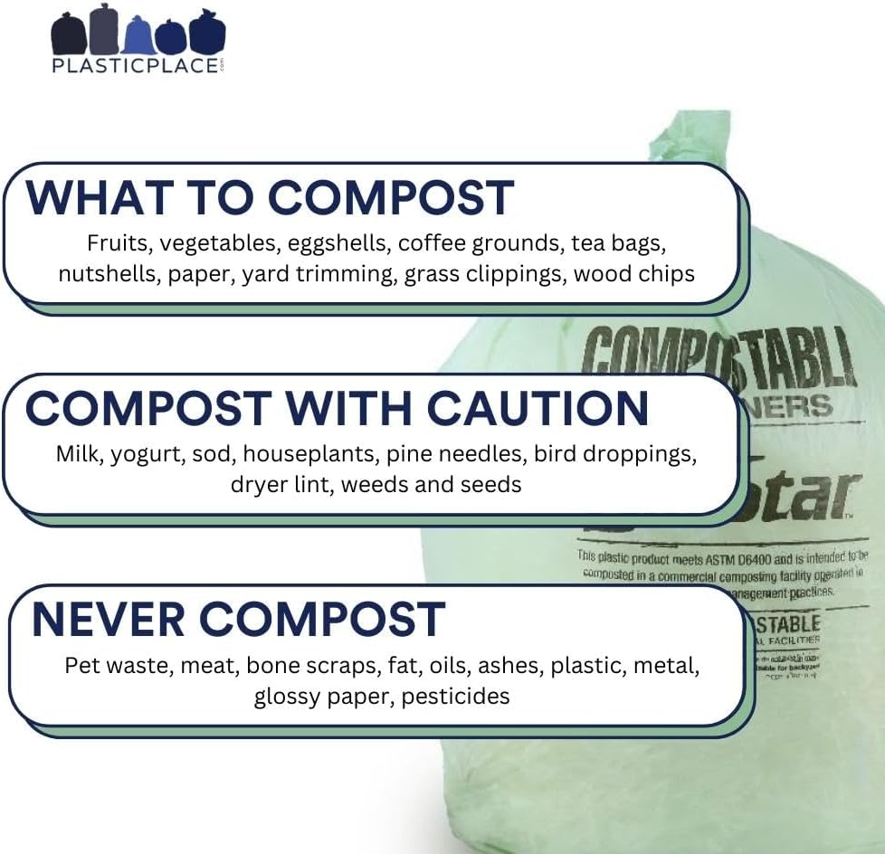 Plasticplace 40-45 Gallon Compostable Trash Bags │ 1 Mil │ Green Tint Garbage Can Liners │ 40” x