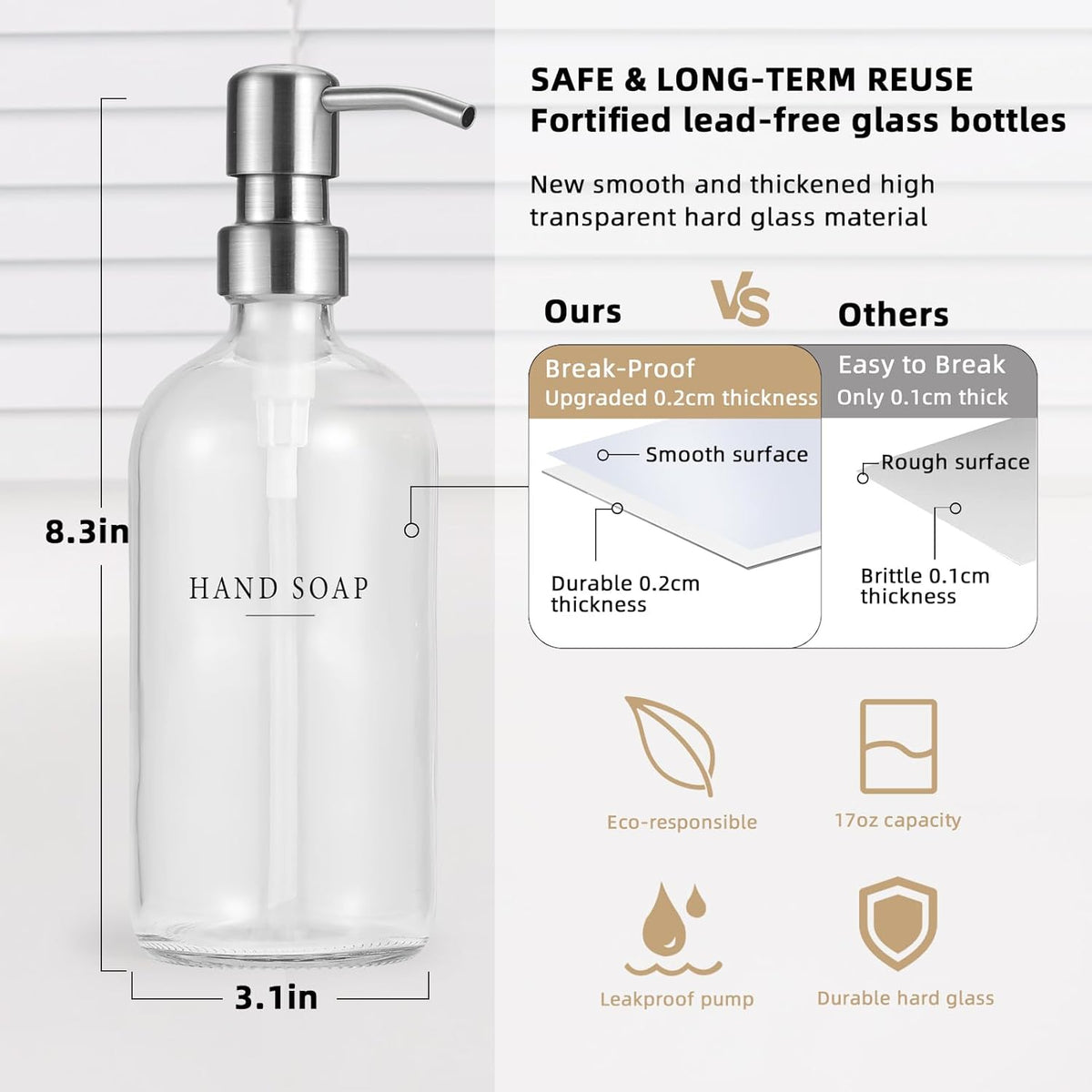 Glass Soap Dispenser - Dish Hand Soap Dispenser Set for Kitchen, Bathroom Soap Lotion Dispenser