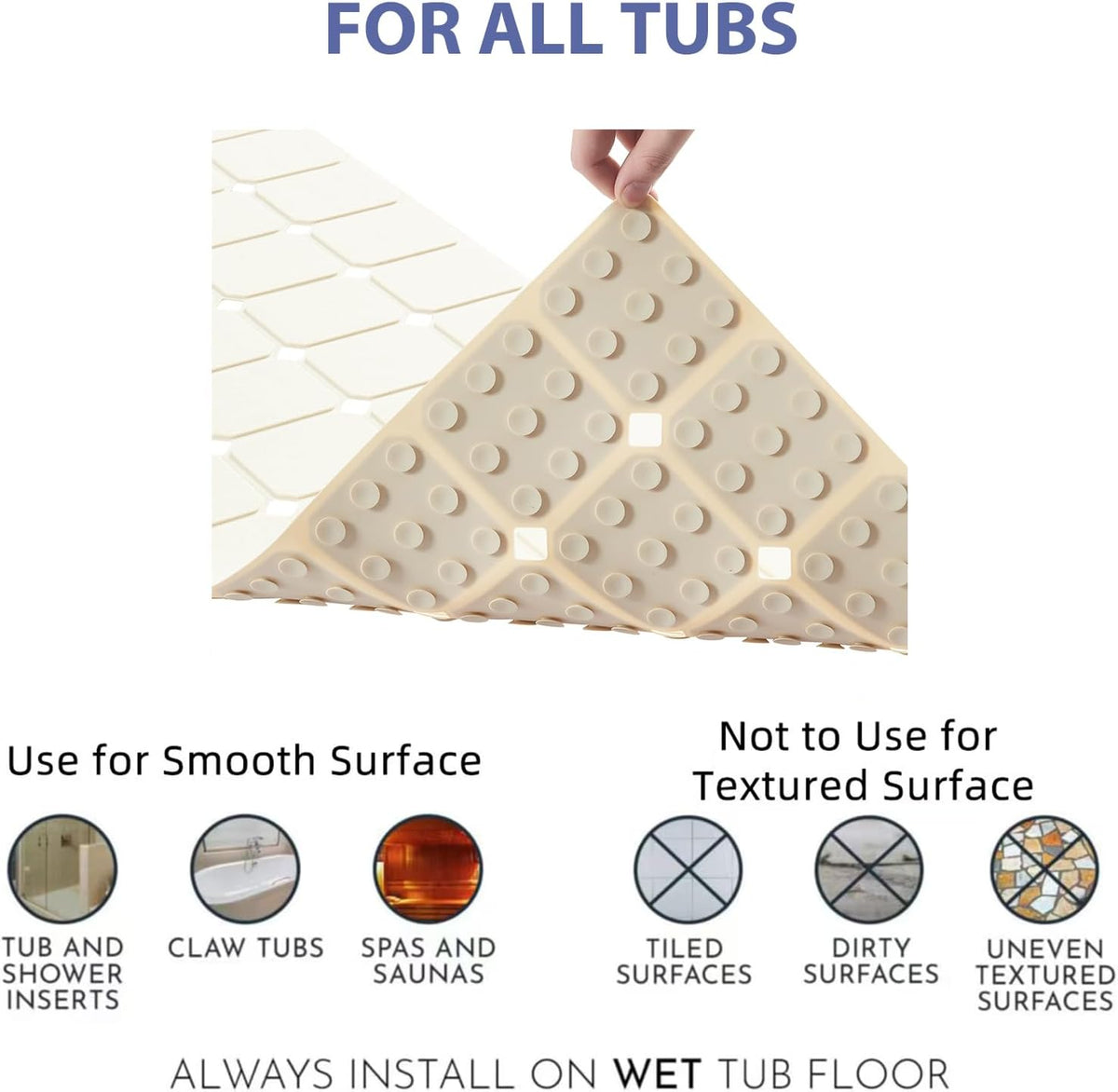 Bathtub Mat Non Slip Silicone Foldable Extra Long Tub Mat Strong Suction Cups & Large Drain Holes