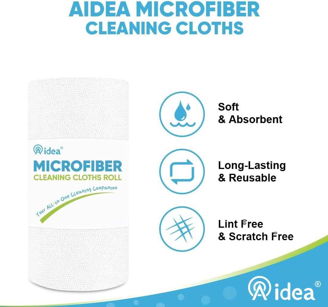 AIDEA Microfiber Cleaning Cloth White, Shop Rags 330 Sheets(6 Roll), Towels for Cars, Tear Away