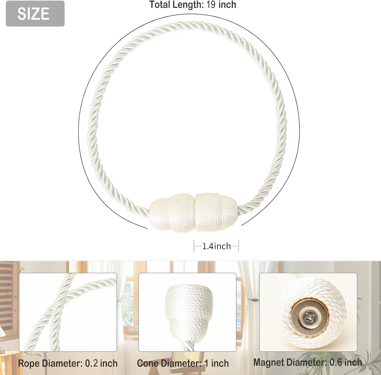 Magnetic Curtain Tiebacks Rope Curtain Tie Backs for Curtains 8 Pack Curtain Holders for Drapes