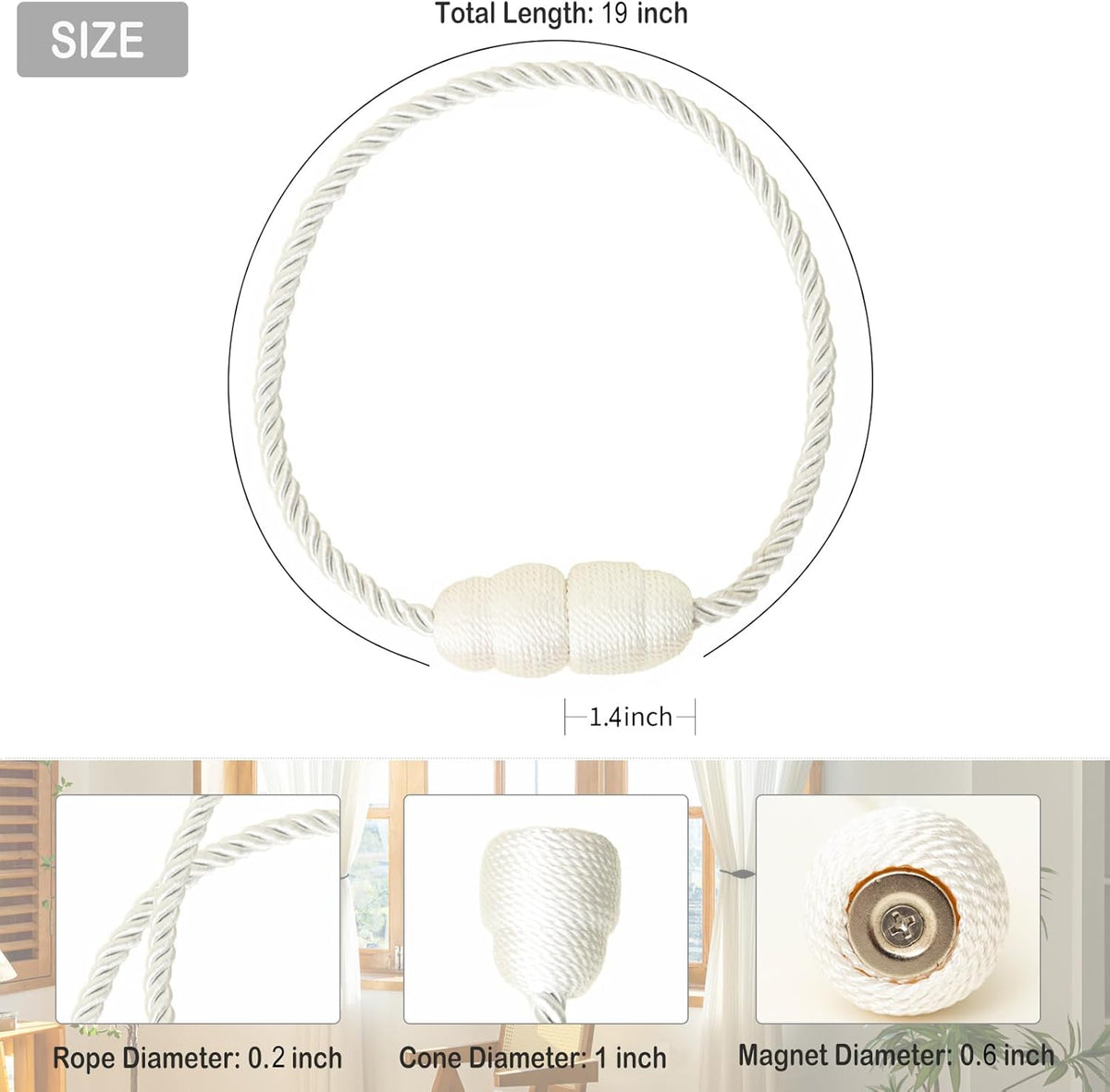 Magnetic Curtain Tiebacks - Rope Tie Backs for Curtains & Drapes - Decorative Window Holdbacks (6