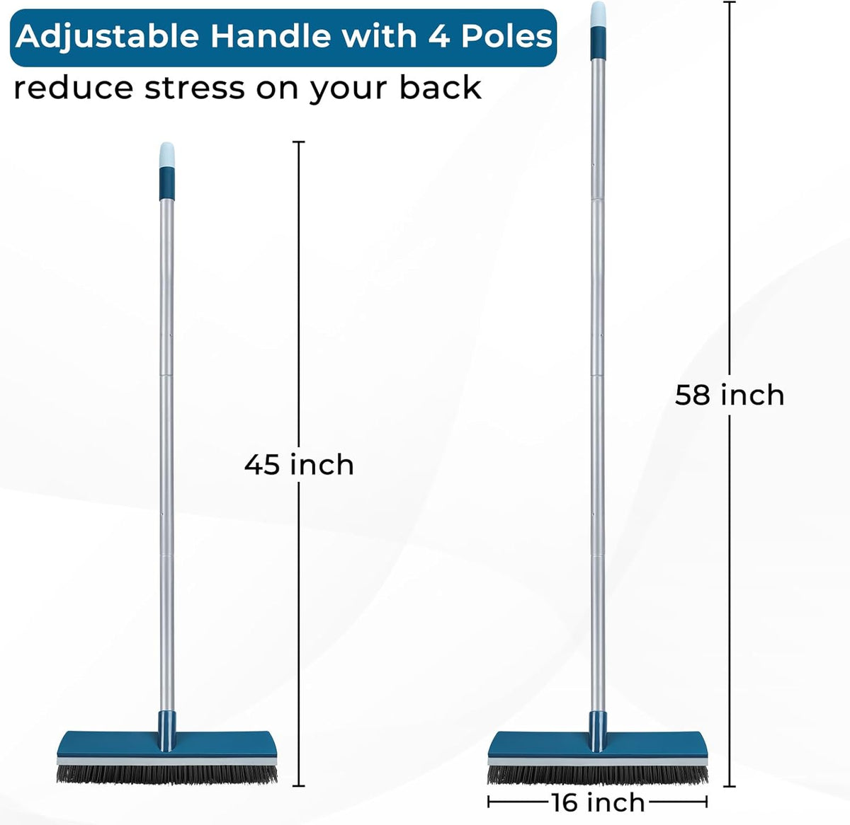 16-Inch Push Broom Outdoor with Rubber Squeegee and 58" Long Handle, 2 in 1 Commercial Broom Brush