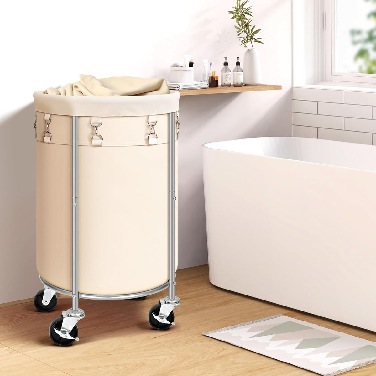 Laundry Hamper with Wheels, 100L Round Rolling Laundry Basket Sorter with Removable Bag, Clothes