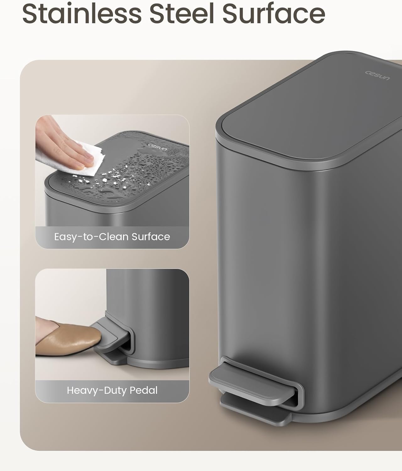 Cesun Small Bathroom Trash Can with Lid Soft Close, Step Pedal, 5 Liter / 1.3 Gallon Stainless
