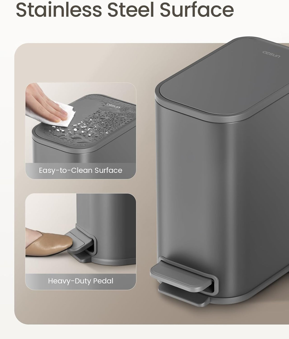 Cesun Small Bathroom Trash Can with Lid Soft Close, Step Pedal, 5 Liter / 1.3 Gallon Stainless