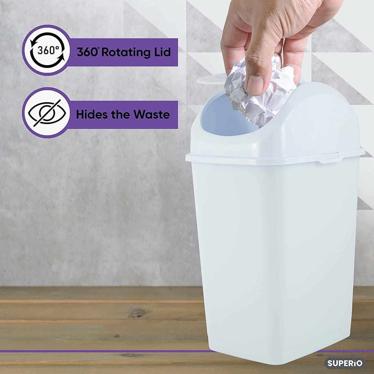 Superio Mini Desktop Trash Can with Swing Top Lid Portable Plastic Garbage Can for Countertop