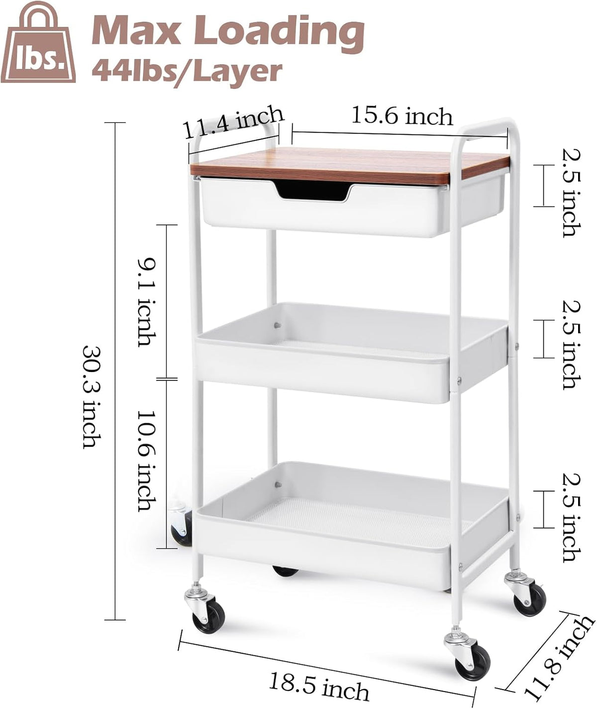 TOOLF 3-Tier Metal Utility Rolling Cart with Drawer & Wooden Table Top, Storage Cart White Trolley