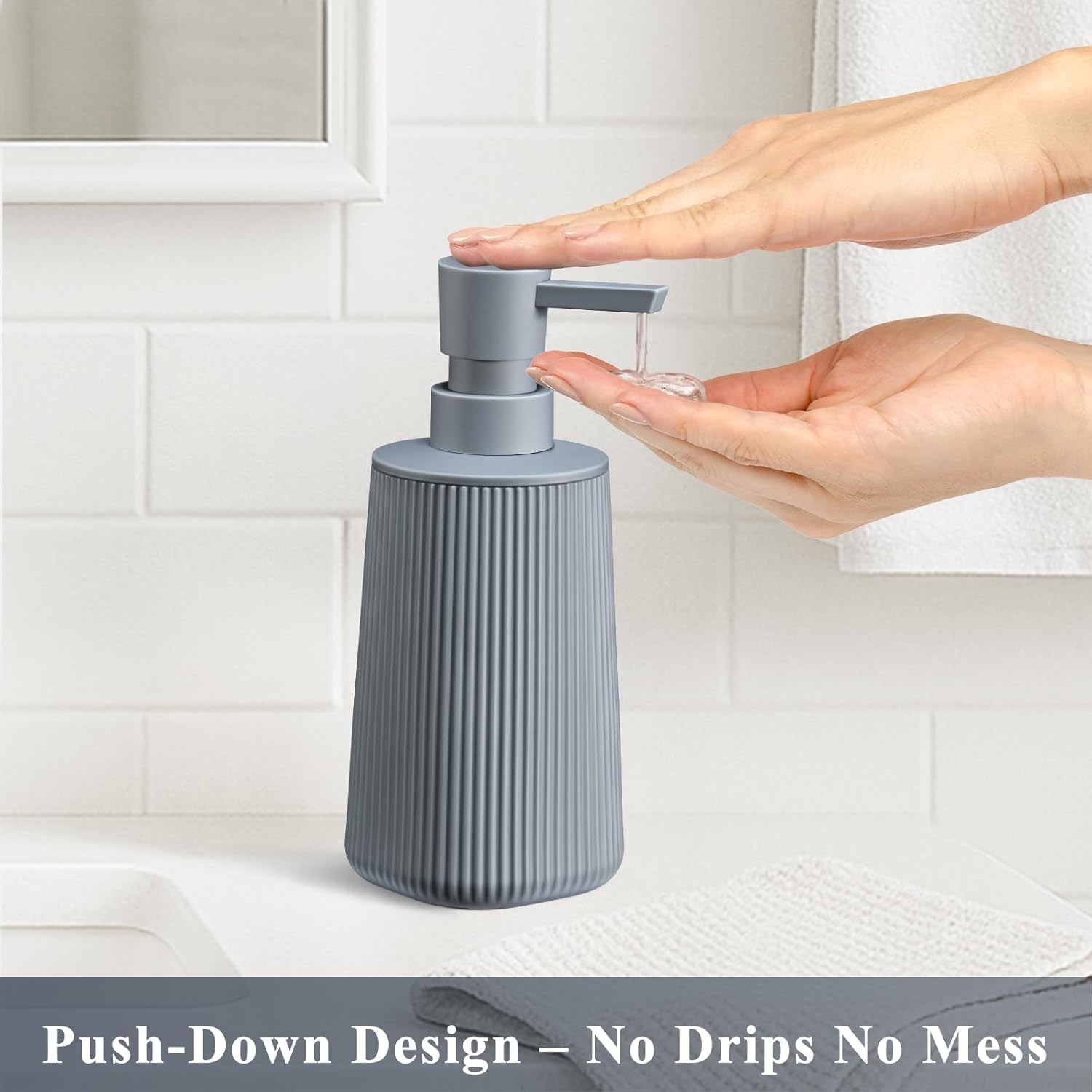 Gray Hand Soap Dispenser with No Rust Pump for Bathroom and Kitchen Countertops Refillable Striped