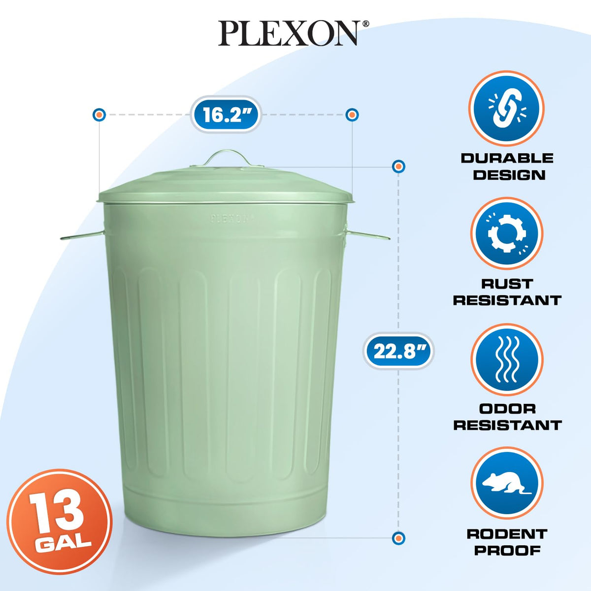 Plexon Round Trash Can 13 Gallon, Vintage Metal Outdoor Trash Can with Lid, Retro Farmhouse Garbage
