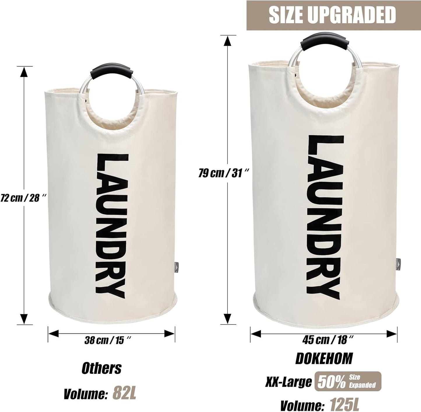 DOKEHOM 125L X-Large Laundry Basket, Collapsible Laundry Bag, Freestanding Tall Clothes Hamper
