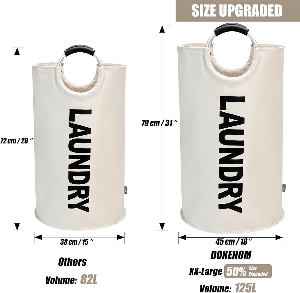 DOKEHOM 125L X-Large Laundry Basket, Collapsible Laundry Bag, Freestanding Tall Clothes Hamper