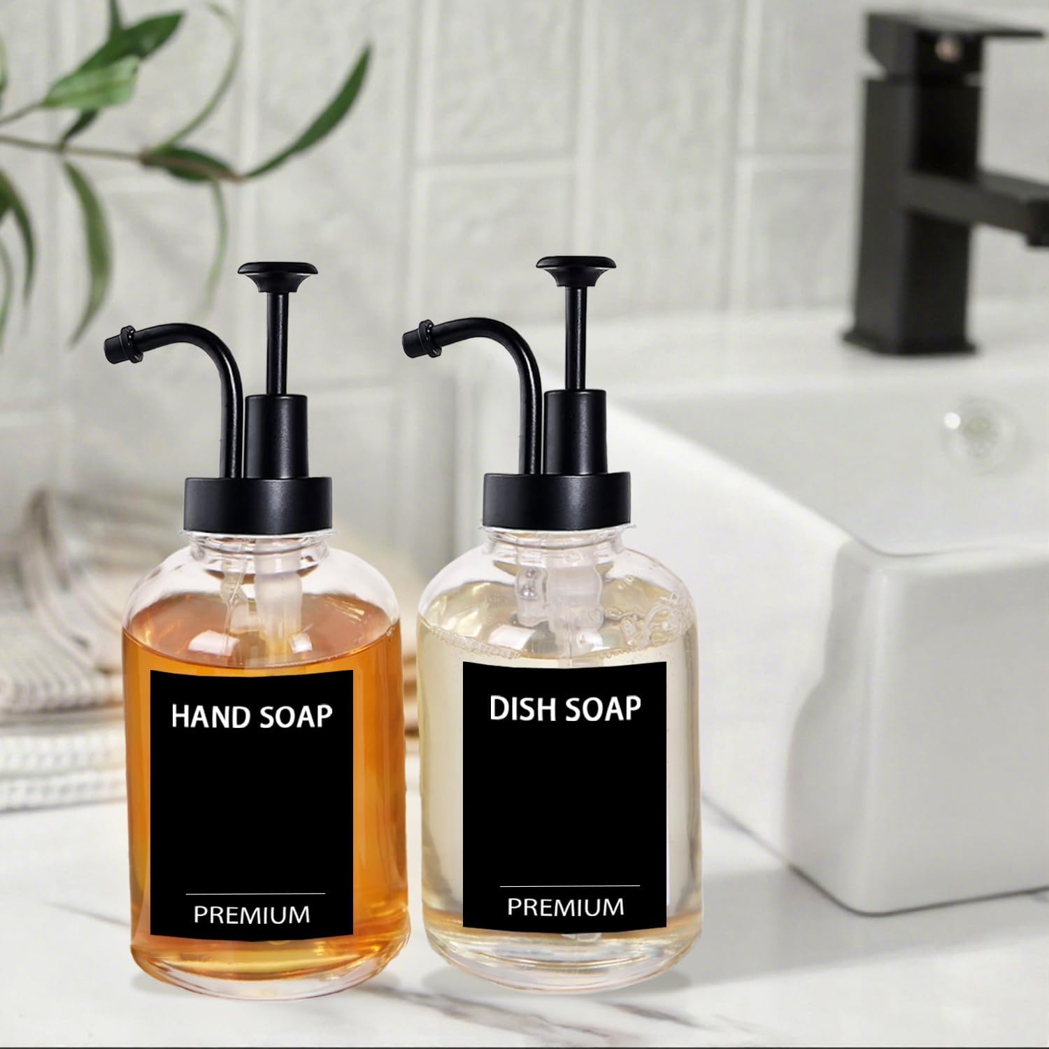 12oz Dish Soap Dispenser for Kitchen, Hand Glass Soap Dispenser Set with Pump, Tray, Funnel for