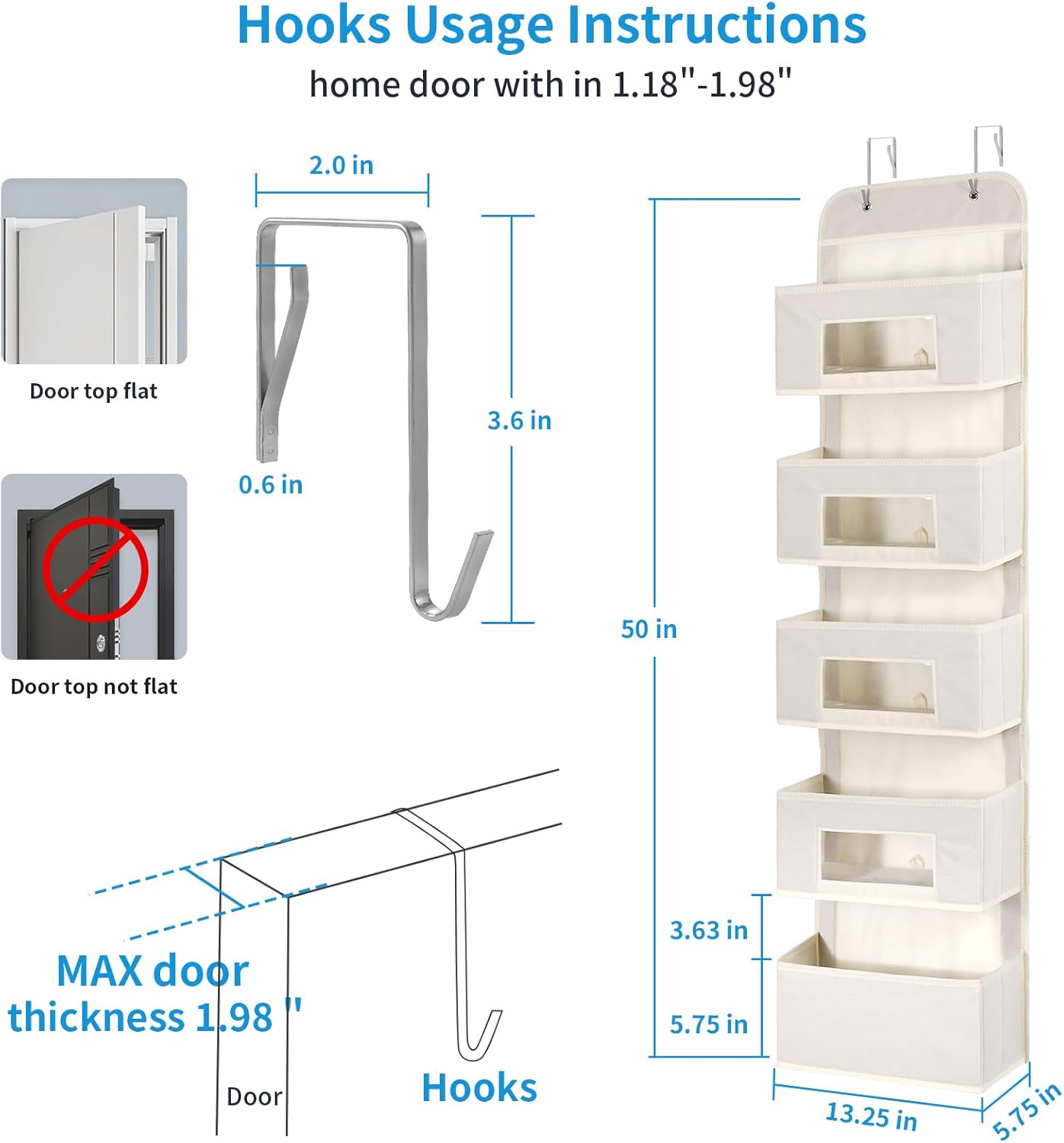 5-Shelf Over The Door Hanging Organizer with 2 Metal Hooks，5 Pocket Over The Door Wall Mount