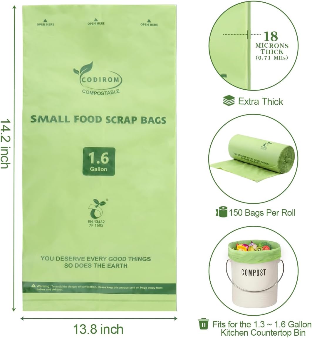 100% Compostable 1.6 Gallon Trash Bags, 6 Liter, 150 Count Kitchen Food Scrap Small Compost Bags