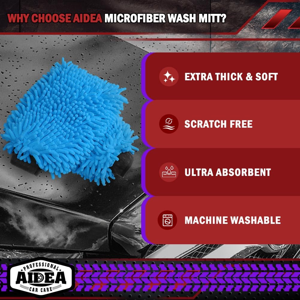 AIDEA Car Wash Mitt Microfiber 2PK, Scratch-Free& Lint-Free, Premium Chenille Microfiber Wash
