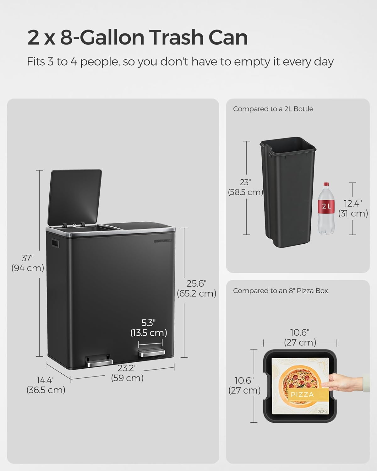SONGMICS Trash Can, 2 x 8 Gallon (2 x 30 L) Garbage Can for Kitchen, with 15 Trash Bags, 2