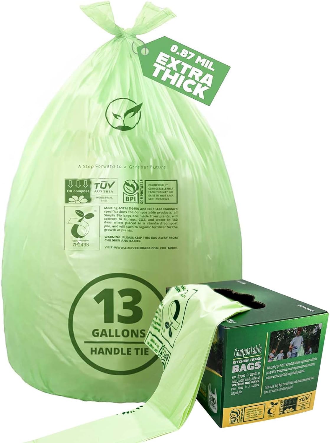 13 Gallon Compostable Trash Bags with Handle-Tie, Thick 0.87 Mil, 49.21 Liter, 30 Bags, Tall