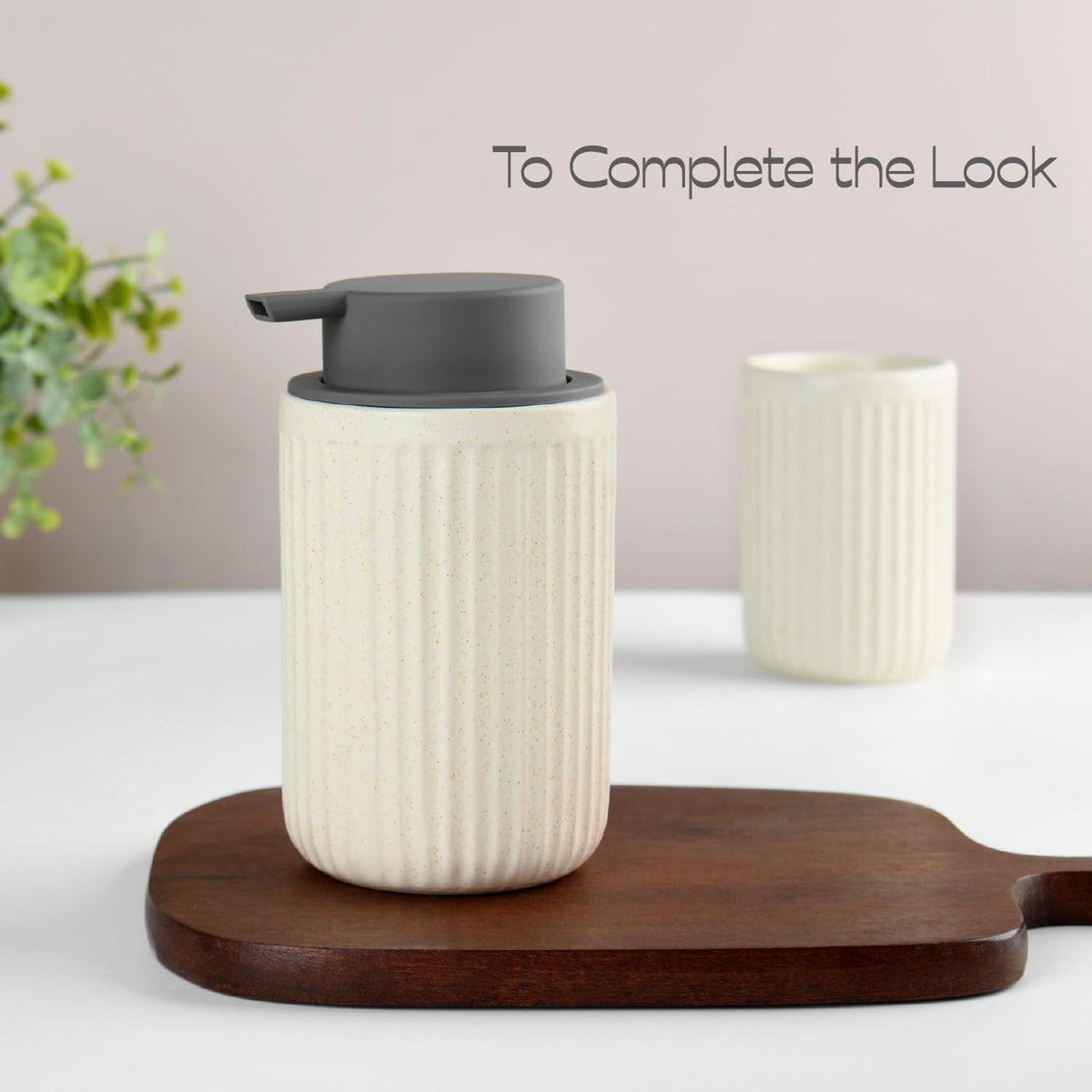 Beige Ceramic Foaming Soap Dispenser, Speckled Rippled 12 oz Bottle with Gray Silicone Pump, Foam