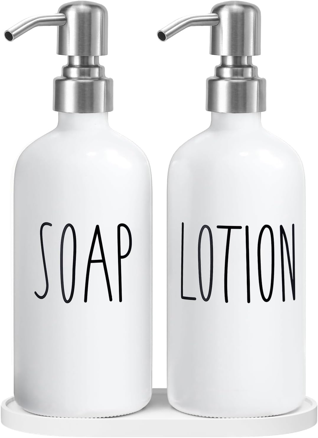 MOMEEMO Hand Soap Dispenser for Bathroom, Soap and Lotion Dispenser Set with Silver Metal Pump
