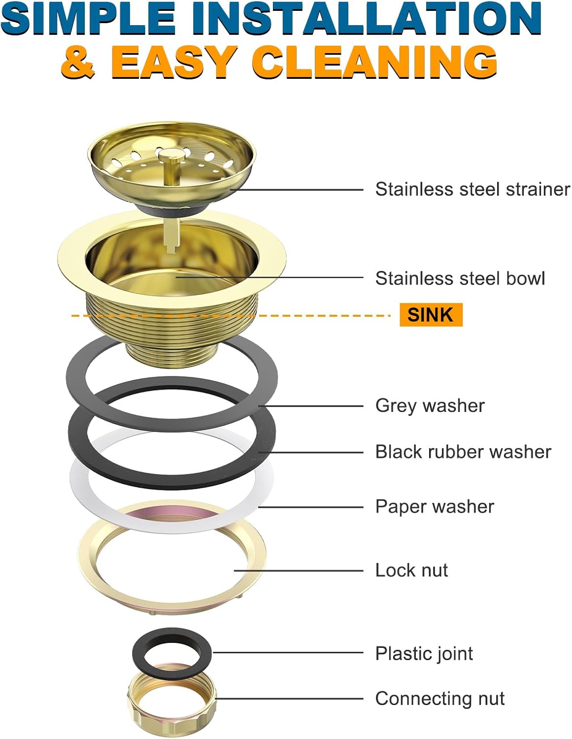 BOTEMY Stainless Steel Gold Sink Drain Strainer Kit 3-1/2 inch Kitchen Drain Assembly with Metal